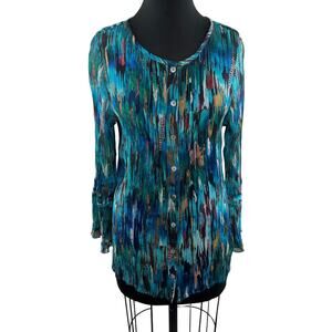 Soft Surroundings Amelie Blue Top Geometric Button Front Ruffled Bell Sleeve XL